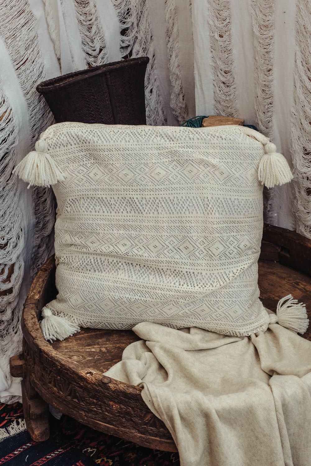 High End Boho Throw Pillow Cover 20x20 In White Beige Crochet