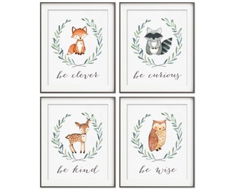 Woodland Nursery Decor | Fox Deer Raccoon Owl | Woodland Animals | Woodland Nursery Creatures Be Brave Be Kind Be Curious Be Wise | Set of 4