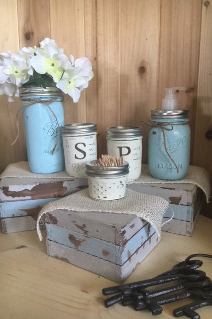 5 Piece Distressed Mason Jar Bathroom Set Unique and Rustic