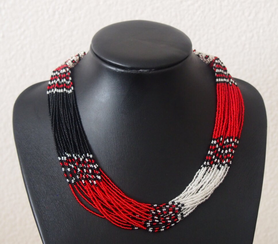Multistrand Beaded Zulu Necklace Red