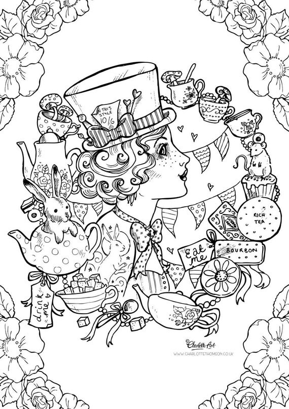 Adult Colouring Page. Mad Hatter Alice in Wonderland.