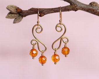 Amber Earrings, 14K Solid Gold Earrings, 14K Yellow Gold Amber Earrings, Gold Dangle Earrings, Gold Wire Earrings, Gold Swirl Earrings