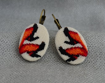 Gift for her Shoes earrings Cross stitch jewelry Embroidered earrings Black shoes jewelry Women shoes Orange black jewelry Hand embroidered