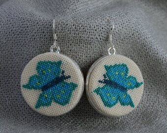 Gift for her Butterfly earrings Jade butterfly Cross stitch jade jewelry Embroidered earrings Girl gift Hand embroidered gift Floral jewelry