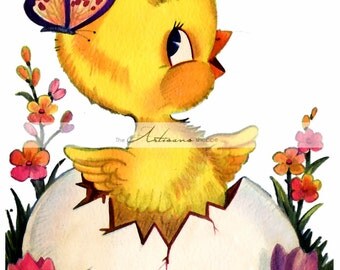 Printable Art Instant Download - Easter Chick Egg Image - Paper Crafts Scrapbook Altered Art - Vintage Retro Kitsch Easter Card Image Art