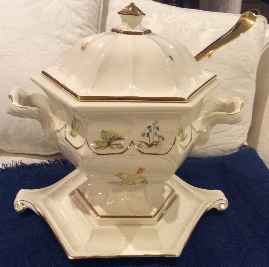 Vintage Soup Tureen with Gold plated Ladle Soup Bowl Gold