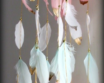 Blush Pink and Mint Baby Mobile, Dream catcher Mobile, Boho Feather Mobile, Nursery Mobile, Woodland Mobile, Native American Style