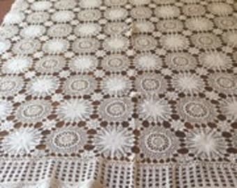 1950's White and Cream Crochet Tablecloth.