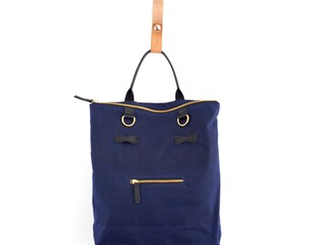 2-in-1 Navy Convertible Backpack Laptop Bag Waxed Cotton and Leather Backpack Tote Bag Laptop Backpack Mabel Pack