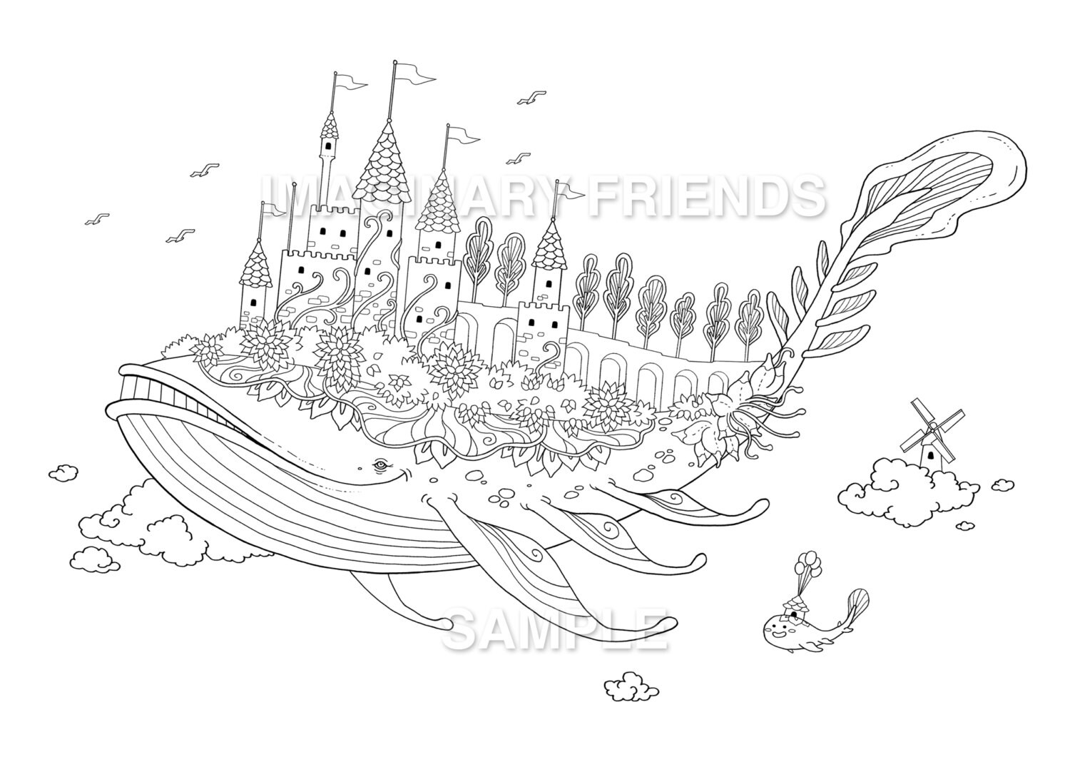 Whale castle Coloring Page A4 size 210 297mm \/ A3 size