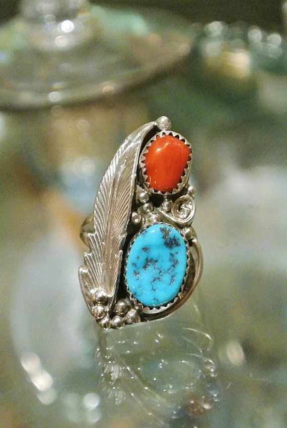 Turquoise Red Coral Ring Vintage Sterling Silver Navajo Native American Southwestern Fancy Feather Artisan Hand Crafted Tribe Tribal Jewelry