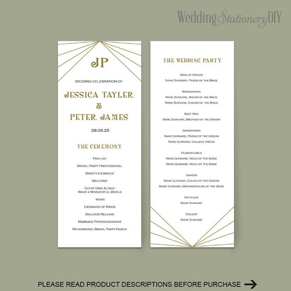 Items Similar To Art Deco Printable Wedding Program Wedding Templates Program Template Order Deco Wedding Program Template