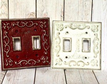 Double Light Switch Cover - Metal Light Switch Cover - Light Switch Plate - Shabby Chic Wall Decor - Lightswitch Plate - Fleur de Lis Decor