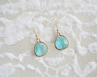 Teal Earrings Teal Gold Earrings Teal Crystal Drop Earrings