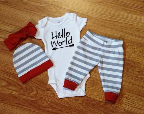 Baby Going Home Hello World Outfit boy girl unisex by ShopJaeMarie