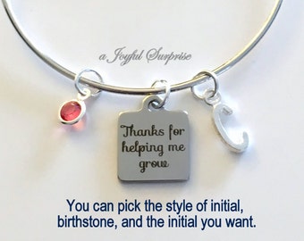 Daycare Provider Gift for Teacher Bracelet Thank you for helping me grow Jewelry Silver Charm Bangle Nanny gift Au Pair initial Day Care
