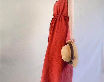 The Garden Dress: Women's Linen Maxi Dress in Red