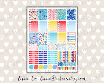 Erin Condren Printable Stickers, Summer Beach Weekly Set, Weekly Planner Stickers Kit, Red Blue Yellow Full box, PDF Instant Download