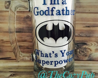 I'm a godfather what's your superpower, godfather beer mug, godfather gift, godfather glass, gift for him, personalized gift for godfather