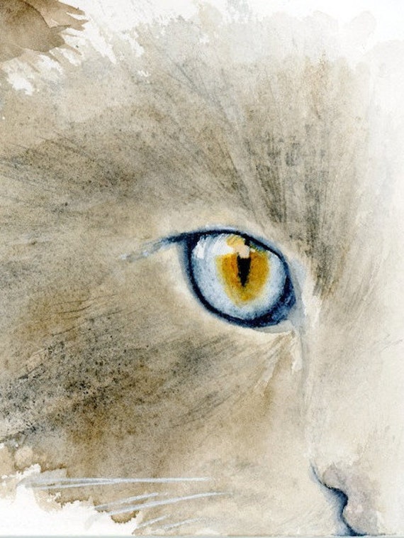 Cat eye watercolor print feline watercolor cat print blue