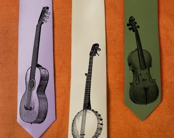 SILK Guitar Tie - Acoustic Guitar Player Gift - Silk Tie - Musician's Gift - Violin Art - Guitar Banjo Music - Guitar Gift - Banjo Necktie