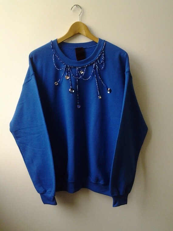 Womens blue bead embellished sweatshirt Beaded by dmandem on Etsy