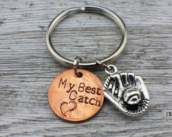 Baseball Mitt Keychain, Penny Keychain, Gift for Boyfriend, Baseball Keychain, Gift for men,Gift for Husband, Best Catch, Anniversary Gift