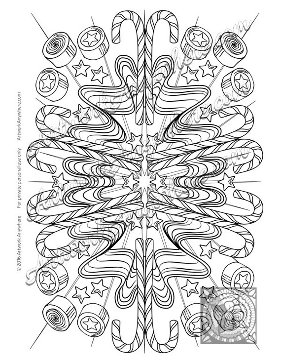 Ribbon Candy Cane Holiday Star Burst Adult coloring page