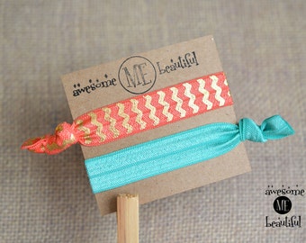Hair Band Bracelet, Stocking Stuffer, Elastic Hair Tie Bracelet, Woman hair tie, Knotted Hair Tie, Turquoise Teal Chevron, Ponytail Holder
