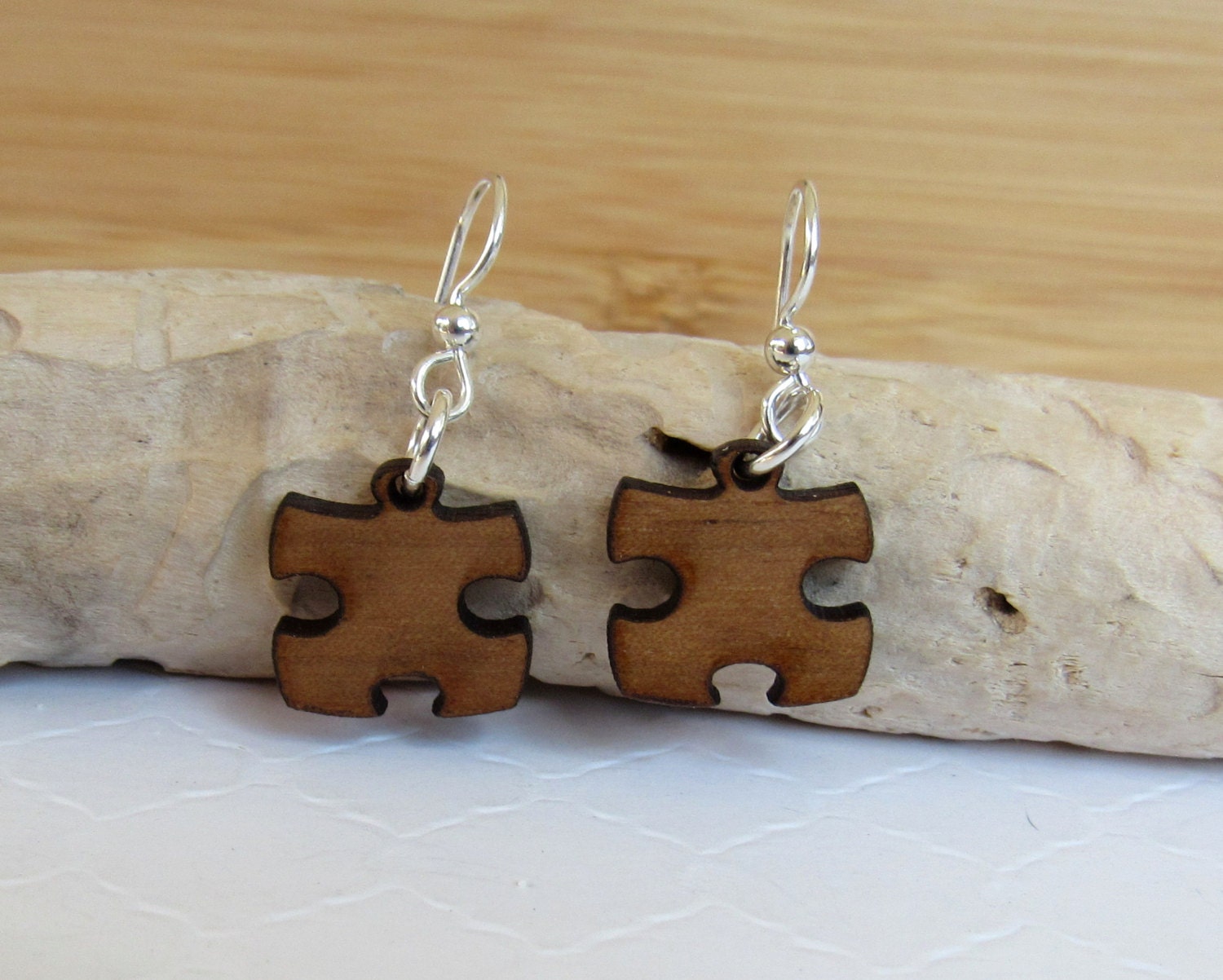 Wood Puzzle Piece Earrings Friendship Earrings Walnut