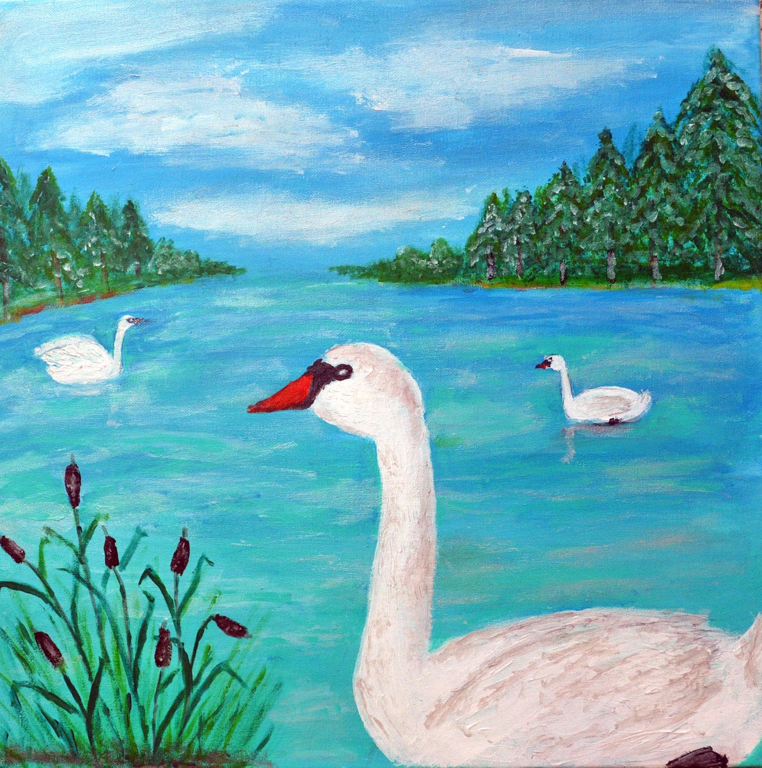 Swan lake Acrylic painting a tranquil peacefully by IngleArt