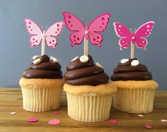 12 Pink Butterfly Cupcake Toppers, Butterfly Cake Topper, Butterfly Baby Shower, Butterfly decoration, butterfly bridal shower