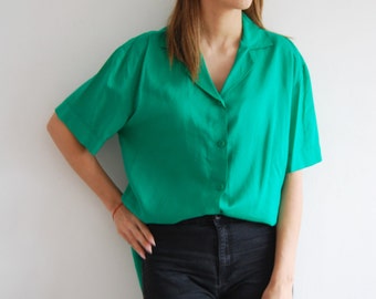 Vintage 80s Oversized Green Blouse - UK 10-14