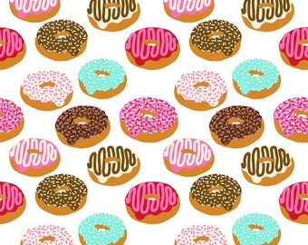 Delicious Donuts Quilting Fabric. Fabric by the Yard Cotton Knit Jersey Minky Doughnut Dessert Food Donut Pink Baby Kids Sprinkles Chocolate
