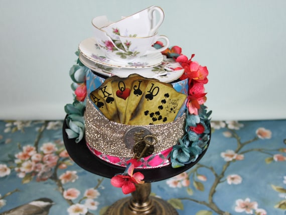 Mad Hatter Pink & Blue Tea Party Top Hat by LadyWoolthief steampunk buy now online