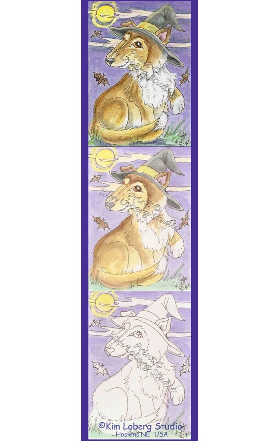 halloween wip collie pup witch dog art bookmark print loberg