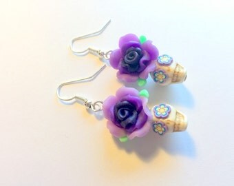 Sugar Skull Earrings Dia De Los Muertos Purple Rose Skull Earrings