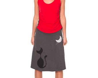 Cute Midi Skirts for Women, Unique gift for cat lovers, Midi jersey skirt plus size, Plus size skirts for women - Our cat and the moon-