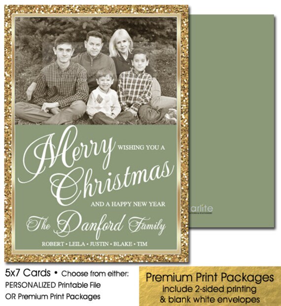 Items similar to Unique CHRISTMAS PHOTO CARD - Sage Green Gold Glitter ...