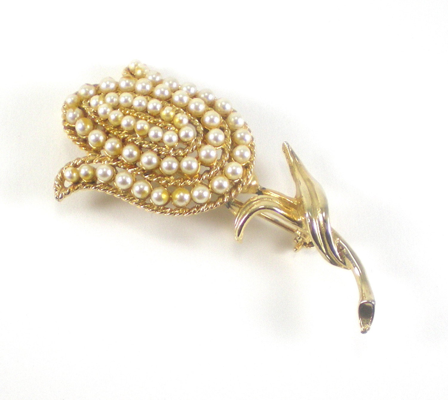 Tulip Flower Brooch Pin Gold Faux Pearls Floral by paleorama