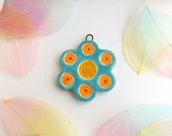 Large Ceramic Flower Pendant, Turquoise Clay Pendant, Ceramic Focal Pendant, statement jewellery, floral pendant, handmade jewelry supply