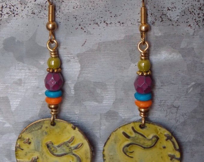 Tuscany Bird Earrings Hand Painted Distressed Czech Glass Copper Metal Embossed Boho Earrings Bird Yellow Teal Orange Magenta Purple Gold