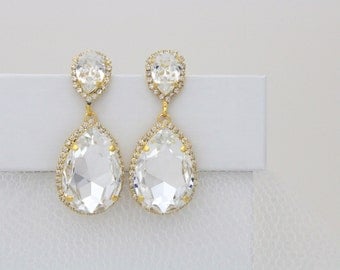 Gold Bridal earrings, Bridal jewelry, Crystal Wedding earrings, Swarovski earrings, Teardrop earrings Chandelier earrings Statement earrings