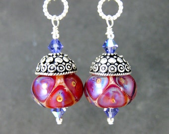 Colorful Glass & Sterling Silver Boho Chic Dangle Earrings Red Purple Pink Peach Boro Lampwork Earrings Sterling Silver Jewelry Boho Jewelry