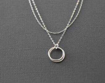 sterling silver necklace, nesting circles, two layers, two tier, love knot, eternity, two circles, mothers necklace, N74