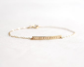 Roman Numeral Bracelet | Wedding Date Bracelet | Gold Bar Bracelet | Personalized Bar Bracelet