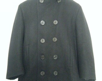 1960s JC Penney PEA COAT jacket, us navy military sailor coat with anchor buttons, mens size small - medium