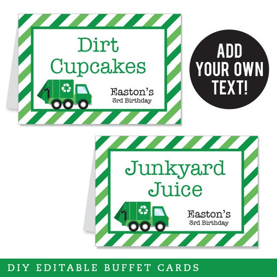 EDITABLE INSTANT DOWNLOAD Garbage Truck Party Buffet Cards - Editable, printable table tent cards Il_570xn