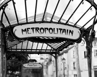 Paris Metro, Black and White, Paris Photography, Travel, Metropolitain Sign, Art Nouveau, Architecture, Paris Wall Decor