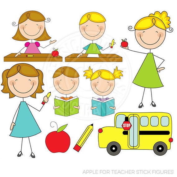 Apple for Teacher Stick Figures Cute Digital Clipart for Card Design, Scrapbooking, and Web Design Il_570xn